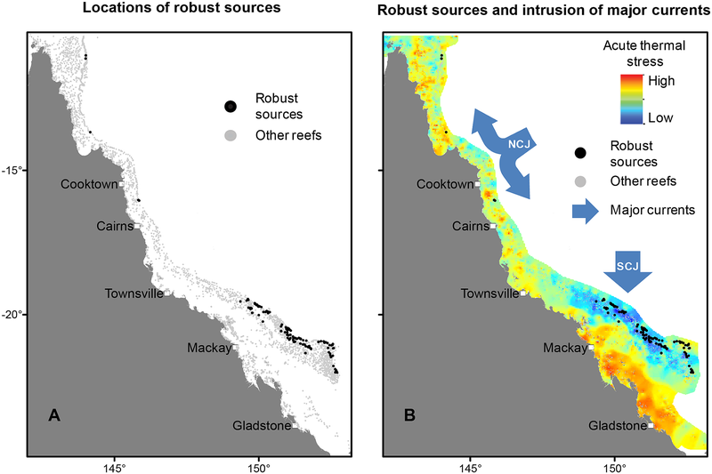 A) Resilient spots on the Great Barrier Reef identified by the new modeling study. B) Thermal stress superimposed on resilient spots show that they generally occur in cooler waters to the southeast. Image: Hock et al. 2017